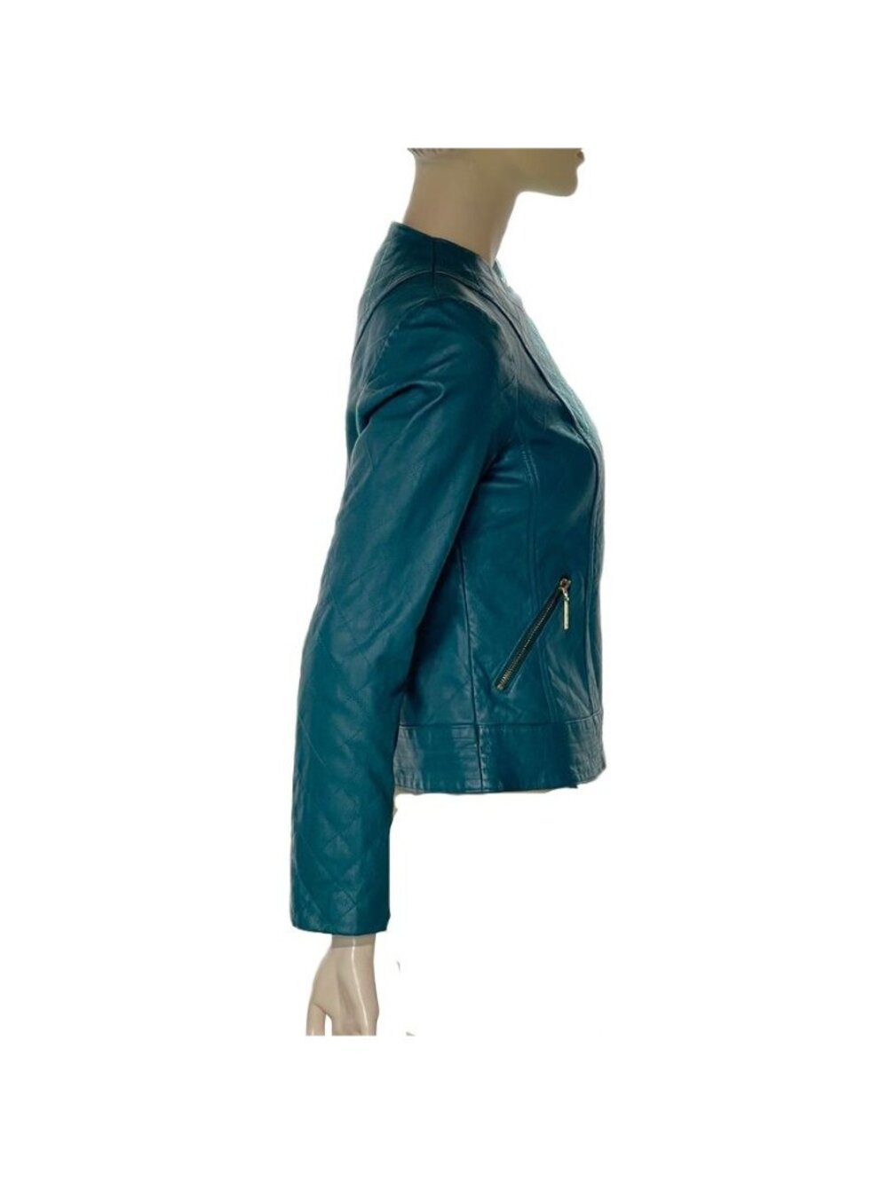 Iman Teal Leather Asymmetrical Moto Jacket XS Zipper Pockets Womens Size Small - Picture 7 of 13